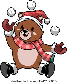 The illustration shows a Teddy bear that's playing with the snowballs. He wears a red Christmas hat, a red scarf, gloves and boots. 