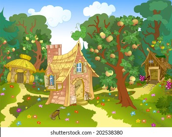 The illustration shows three different fabulous house on a forest glade and an apple orchard. Illustration can be a gaming background to represent cartoon characters. On separate layers.