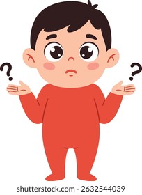 Illustration shows a toddler boy in a red onesie shrugging with question marks, expressing confusion and curiosity in a simple, clean vector art style. Playful mood.