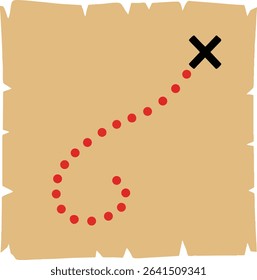Illustration shows a treasure map with a red dotted path winding toward a marked spot on aged paper. The design conveys adventure and exploration mood.