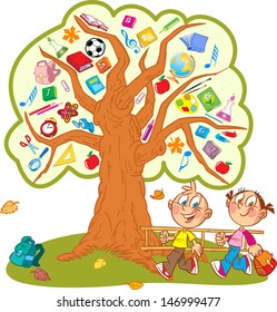 The illustration shows the tree. Instead of leaves shows the attributes and items for school. Under the tree, funny boy and girl carry a ladder to climb a tree. Illustration done in cartoon style. 