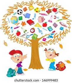 The illustration shows the tree. Instead of leaves shows the attributes and items for school.  Under the tree, funny boy and girl, they indicate on the tree. Illustration done in cartoon style.