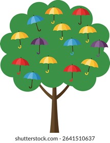 Illustration shows a tree with multiple colorful umbrellas hanging from its green branches, creating a playful and imaginative scene. The mood is whimsical and cheerful.