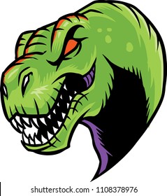 The illustration shows a T-Rex dinosaur head. The green dragon is huge and has sharp fangs. 