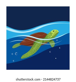 The illustration shows a turtle on the ocean waves.