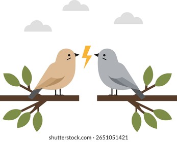 Illustration shows two birds on separate branches with green leaves, facing each other with a lightning bolt between them, under gray clouds, expressing conflict mood.
