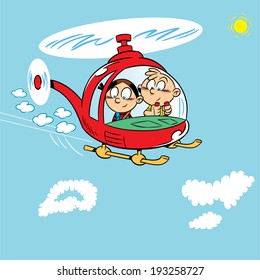 The illustration shows two children playing. Boy and girl flying in a helicopter on a background of blue sky with clouds. Illustration on separate layers, in a cartoon style.