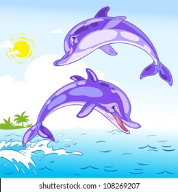 The illustration shows two dolphins playing in the sea. Illustration done in cartoon style, and on separate layers.