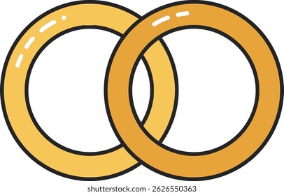 A ilustração mostra dois anéis dourados ligados entre si representando a unidade e o casamento em um simples gráfico vetorial de estilo mínimo com tons dourados. O humor é harmonioso.
