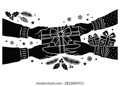 Illustration shows two hands exchanging a wrapped gift with bow on transparent background surrounded by holly leaves and snowflakes