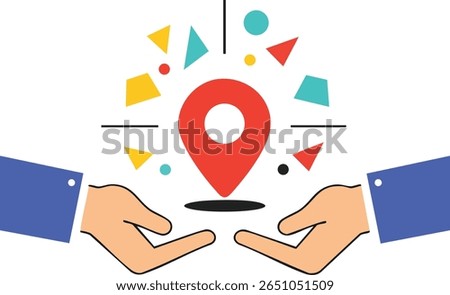 Illustration shows two hands holding a red location pin icon with colorful geometric shapes around it, symbolizing navigation and map concepts in a simple flat style. Calm mood.