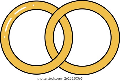 Illustration shows two interlocking golden wedding rings representing unity and marriage in a clean vector style with bright colors and smooth lines, conveying harmony and commitment.