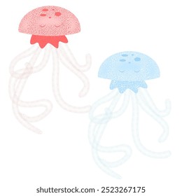 The illustration shows two jellyfish. One is pink, the other is blue. Jellyfish in retro engraving style