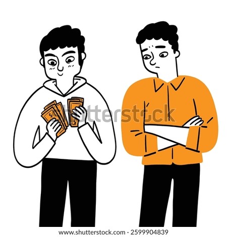 The illustration shows two men. One happily holds money, while the other looks unhappy with his arms crossed.  The style is simple and cartoonish.