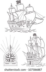 The illustration shows two old ship with sails and a symbol of the wind rose.illustration done on separate layers with gray.