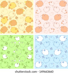 The illustration shows two patterns with lambs. Variants in a different of colors for children's products. Done in a cartoon style, on separate layers.