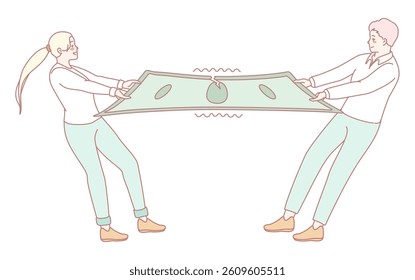 An illustration shows two people in a tug of war over a banknote, symbolizing their financial competition