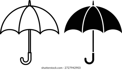 Illustration shows two simplified umbrellas; one is outline only and the second is filled solid black. Both umbrellas feature a J-shaped handle and closed position.