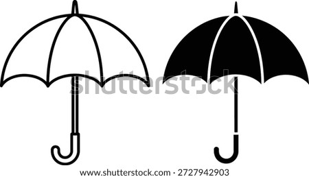 Illustration shows two simplified umbrellas; one is outline only and the second is filled solid black. Both umbrellas feature a J-shaped handle and closed position.
