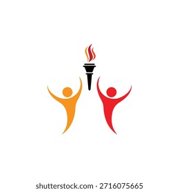 An illustration shows two stylized human figures, one orange and one red, with their arms raised in celebration. Above them, a flaming torch is held upright, symbolizing achievement, victory, or inspiration. The figures appear to be joyfully acknowledging the torch.