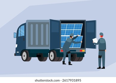 illustration shows two workers unloading solar panels from a delivery truck, emphasizing renewable energy and sustainable technology installation