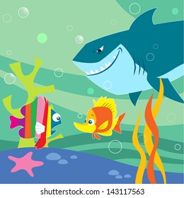 The illustration shows an underwater landscape with small fish and shark. Illustration made with cartoon style, on separate layers.