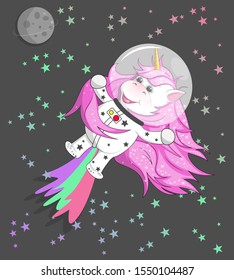 The illustration shows a unicorn astronaut. He wears a white astronaut suit and explores the whole universe. Unicorn will repeat landing on the moon