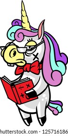 The illustration shows a unicorn nerd that wears a pair of glasses, a red bow and holds a math book. He looks arrogant.  