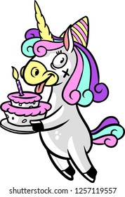 The illustration shows a unicorn that celebrates his birthday party, he wears a birthday hat and he holds a big birthday cake. 