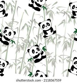 The illustration shows a vector seamless pattern with cartoon panda and bamboo.