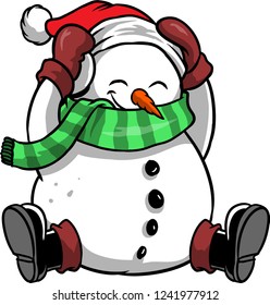 The illustration shows a very happy snowman.He has a cute carrot nose and he's wearing a red Christmas hat, a green scarf, a pair of brown gloves and a pair of black boots.His smile is contagious.