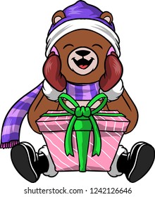 The illustration shows a very happy Teddy bear that just got a Christmas gift. He wears a purple hat and a colored scarf. The pink gift box is huge and it is tied with a green ribbon. 