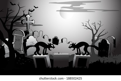 The illustration shows view of the cemetery at night and two black cats on gravestones in a cartoon style. Symbolic background presented to the Halloween holiday. On separate layers, the format EPS 10