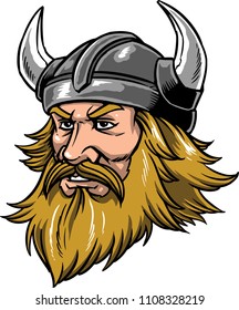 The illustration shows a viking warrior that has a long beard and wears a helmet with horns.  