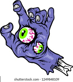 The illustration shows a violet hand monster that has two eyes in the palm. 