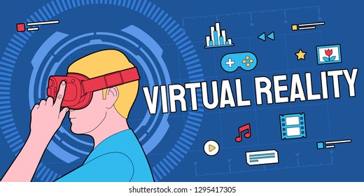 The illustration shows a virtual reality headset. It looks like massive glasses and allows users to dive into the virtual world.