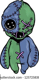 The illustration shows a Voodoo doll that has just one eye and a lot of stitches. 