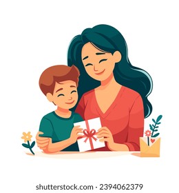 La ilustración muestra un momento cálido entre una madre y su hijo. Una madre mira cariñosamente a su hijo mientras le da un regalo, simbolizando la gratitud y el amor expresados en el Día de la Madre