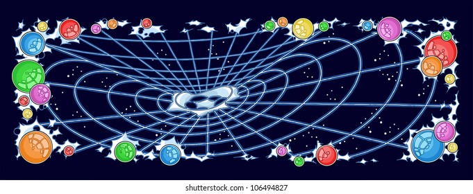 The illustration shows the web in a space. The stars and planets are around it. Illustration done on separate layers.