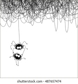 Illustration. The shows a web and two hanging on the spider webs clinging to the legs