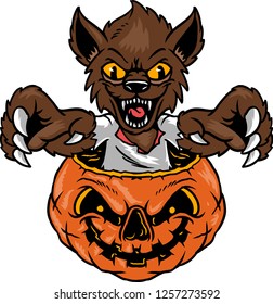 The illustration shows a werewolf that is showing up from a Halloween pumpkin. He has a brown fur, sharp fangs and claws. 