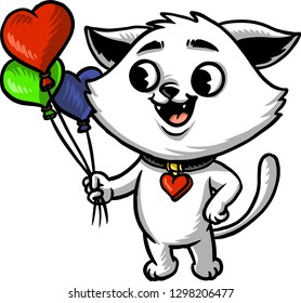 The illustration shows a white cat that holds three heart shaped balloons. It seems like Valentine's Day is coming!