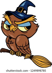 The illustration shows a witch owl. The clever bird has a blue hat on its head and holds a flying broomstick. 