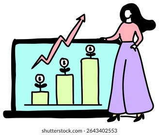 An illustration shows a woman beside a chart with rising bars and an arrow