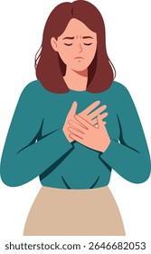 Illustration shows a woman clutching her chest with a pained expression, wearing teal and beige colors, conveying discomfort or heartache in a calm, somber mood.