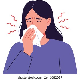 Illustration shows a woman with dark hair sneezing into a tissue, indicating cold or allergy symptoms, wearing purple clothing. The mood is discomforted.
