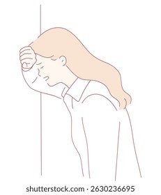 The illustration shows a woman expressing emotional stress and frustration while leaning against a wall