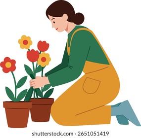 Illustration shows a woman kneeling while tending to yellow and red flowers in pots wearing a green shirt and orange overalls. The scene is calm and peaceful.