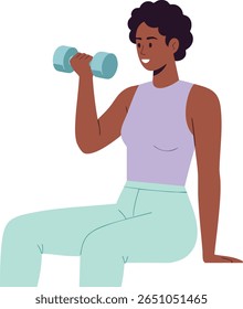 Illustration shows a woman lifting a dumbbell while sitting, wearing pastel workout clothes and smiling, depicting a relaxed and healthy lifestyle mood.