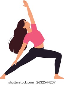 Illustration shows a woman performing yoga in an extended side angle pose wearing a pink shirt and black leggings. The posture conveys strength and calmness. Peaceful mood.